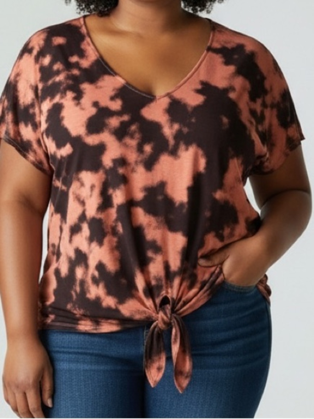 NWOT Torrid 2X  Rust and Black Tie-Dye V-Neck Tie-Front Tee